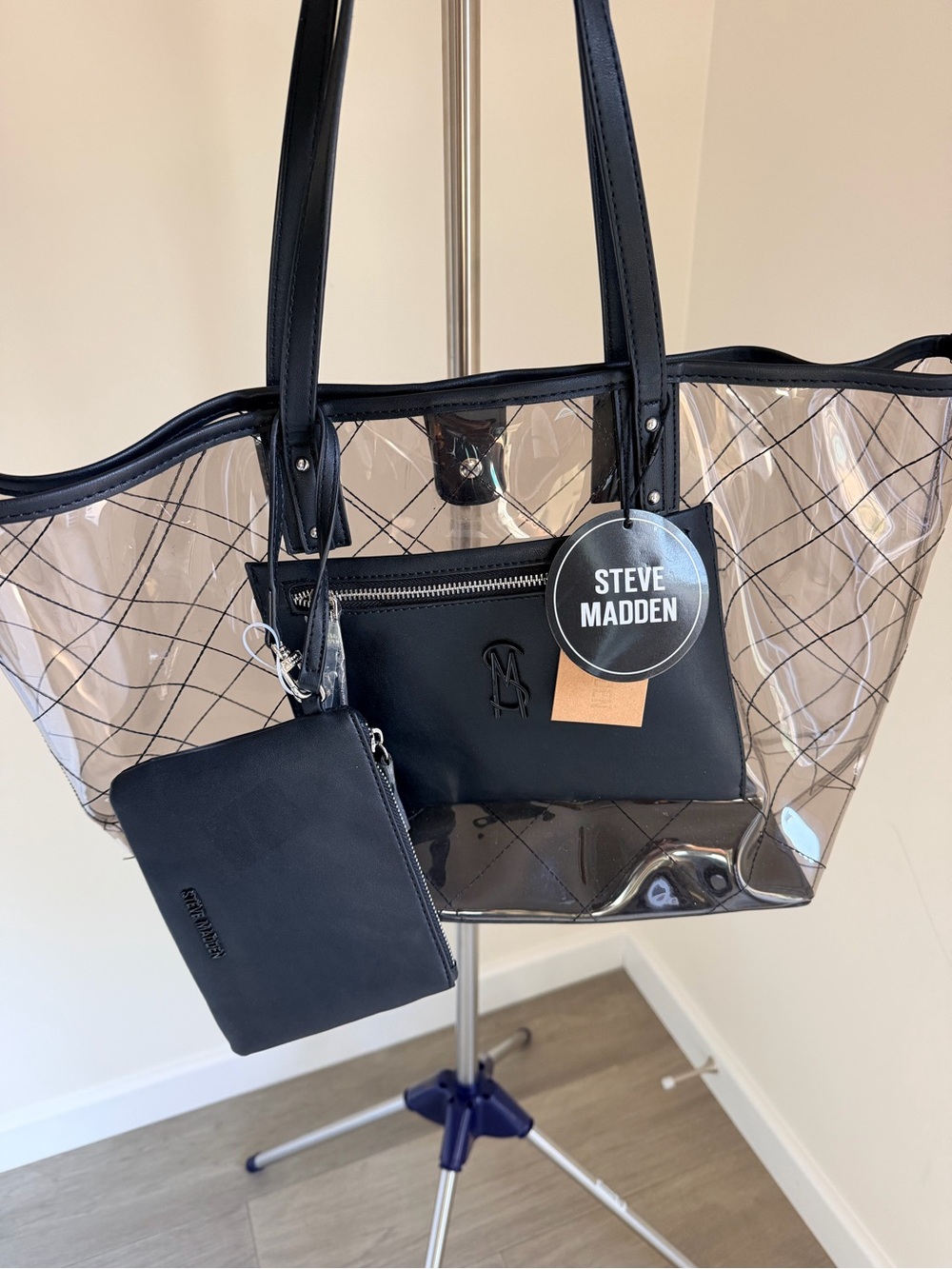 New Steve Madden Black Trim Clear Tote with Removable Black Pouch